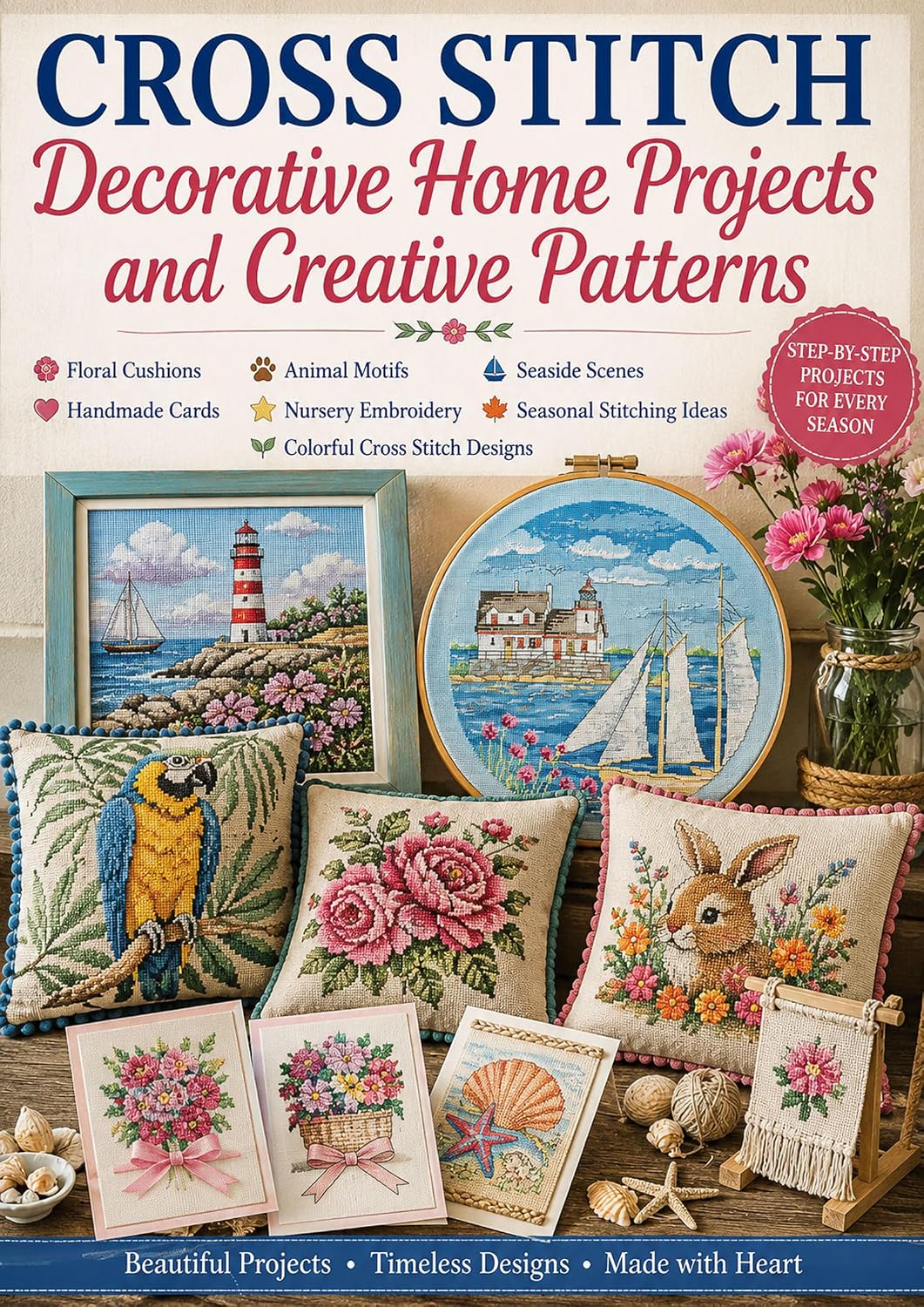 Cross Stitch Floral Cushions, Animal Motifs, Seaside Scenes, Handmade Cards, Nursery Embroidery