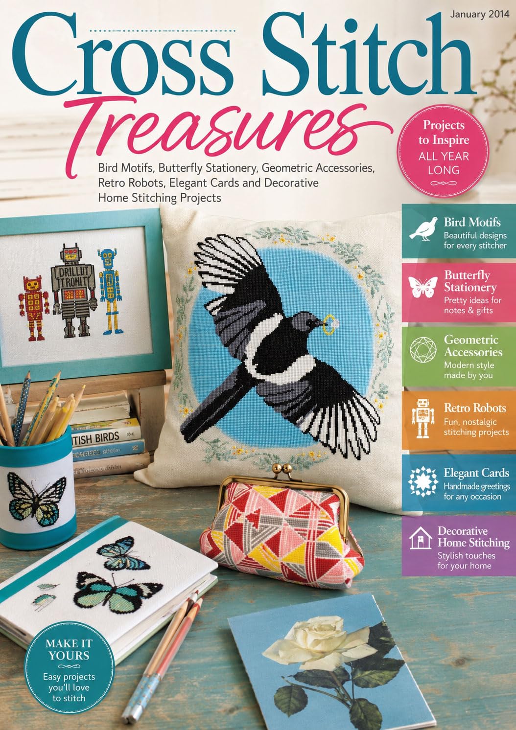 Cross Stitch Treasures - Bird Motifs, Butterfly Stationery, Geometric Accessories, Retro Robots, Elegant Cards and Decorative Home Stitching