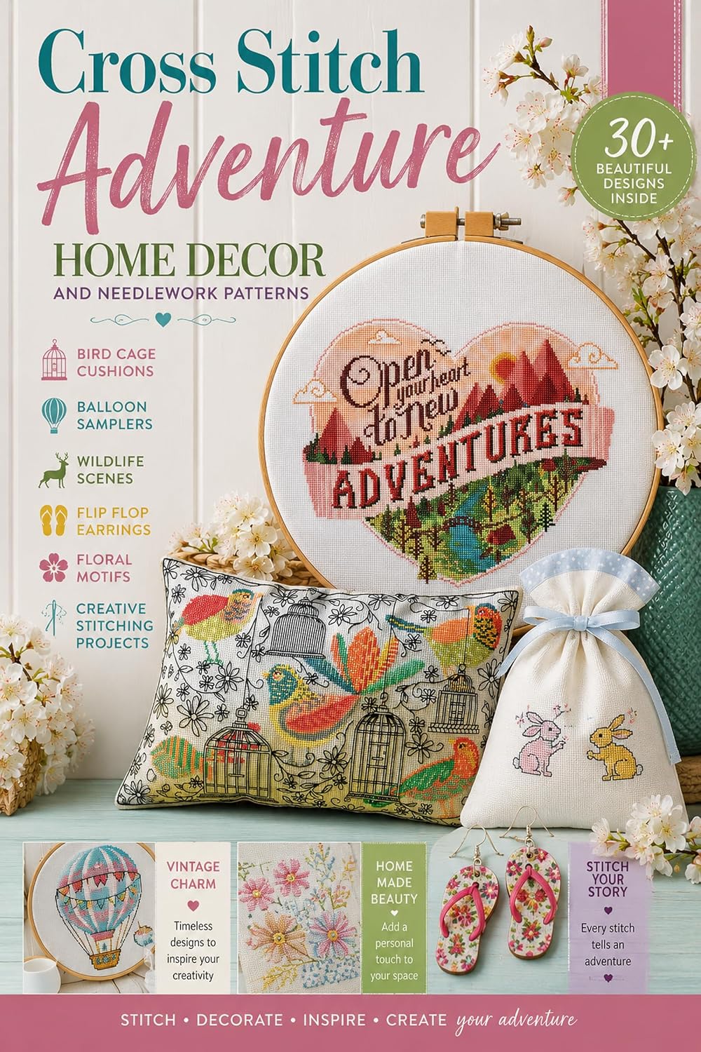 Cross Stitch Adventure - Bird Cage Cushions Balloon Samplers Wildlife Scenes