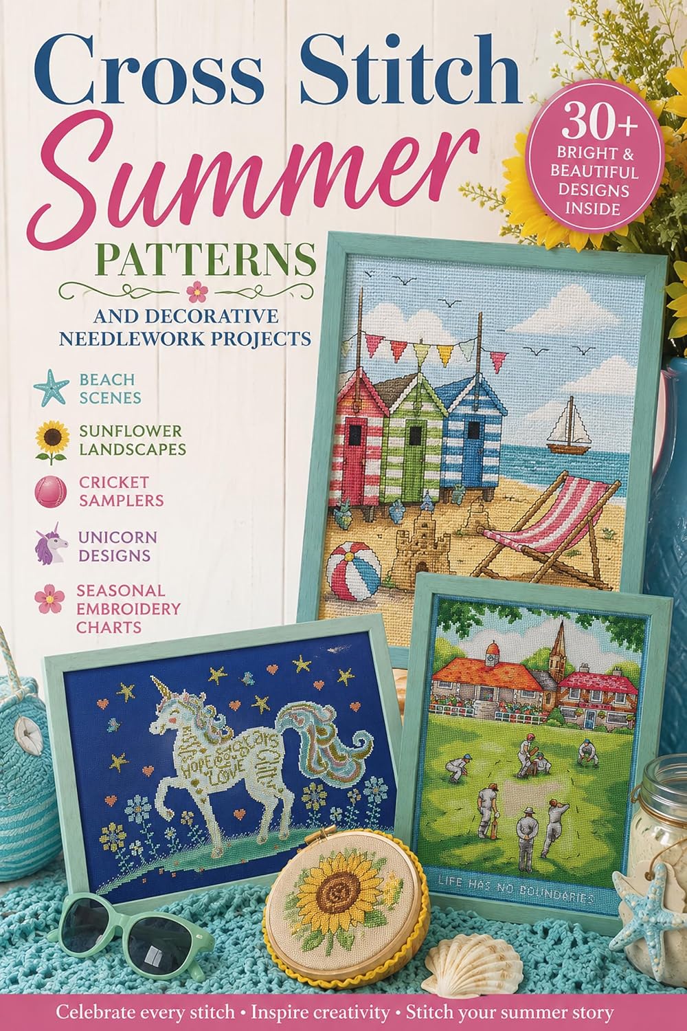 Cross Stitch Summer - Beach Scenes Sunflower Landscapes Cricket Samplers Unicorn Designs and Seasonal Embroidery Charts (English Edition)