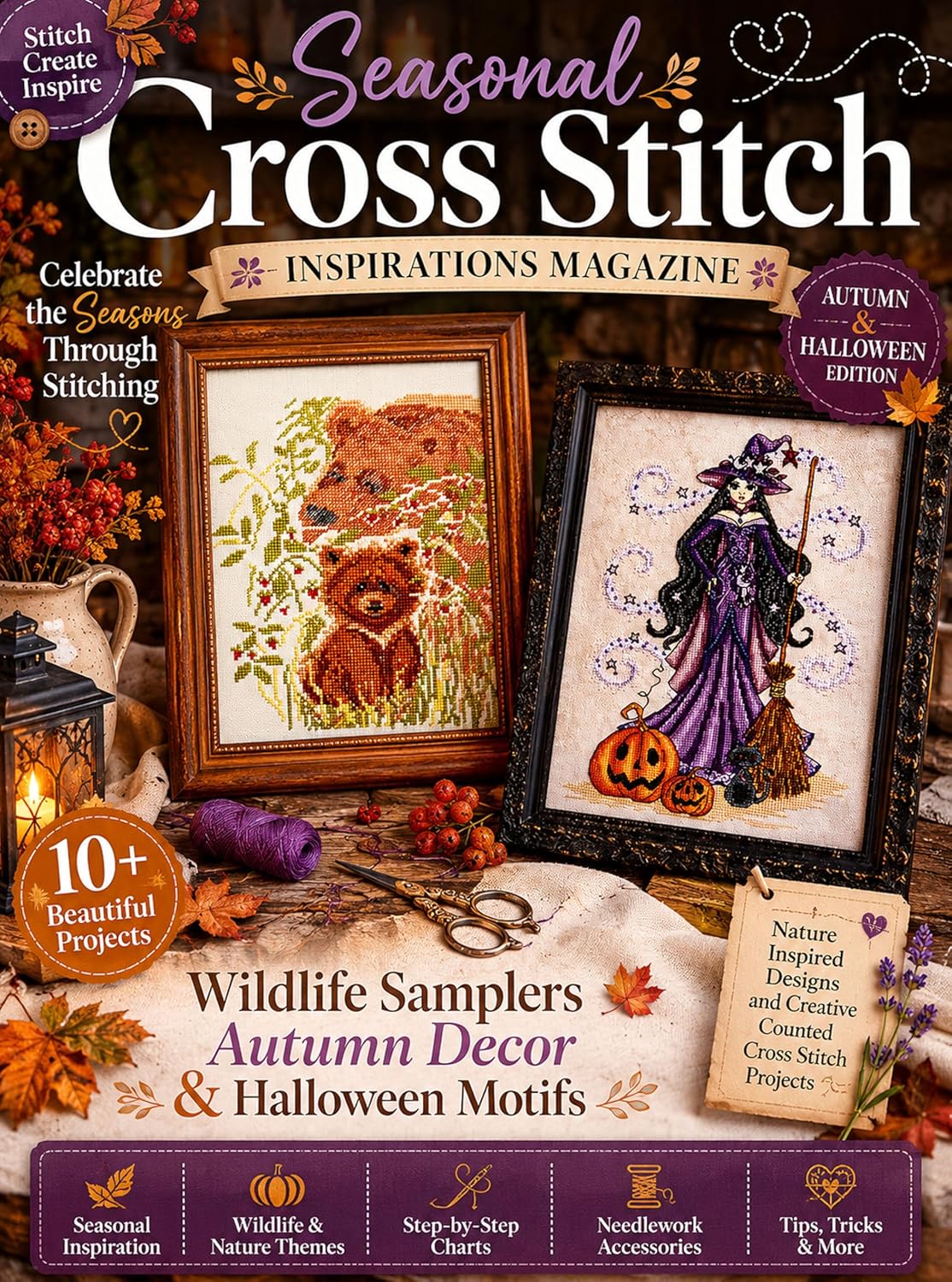 Seasonal CrossStitch - Wildlife Samplers Autumn Decors & Halloween Motifs