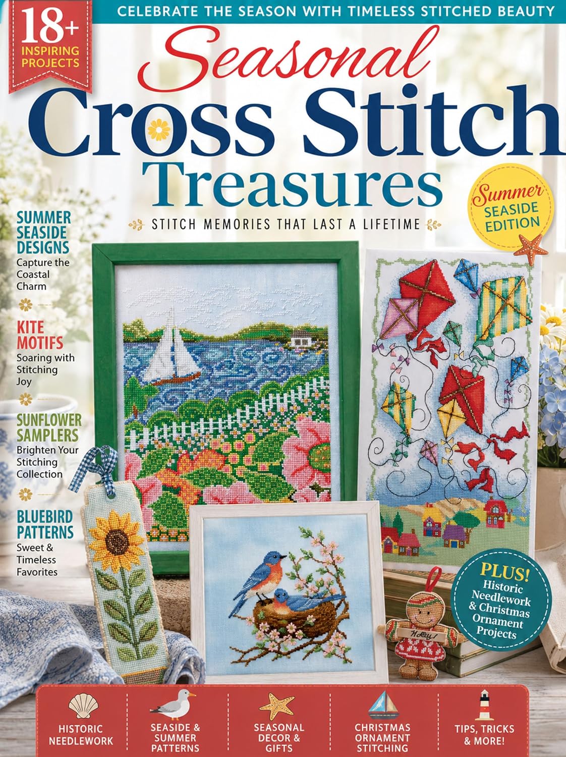 Seasonal Cross Stitch Treasures - Summer Seaside Designs - Kite Motifs, Sunflower, Bluebird Patterns